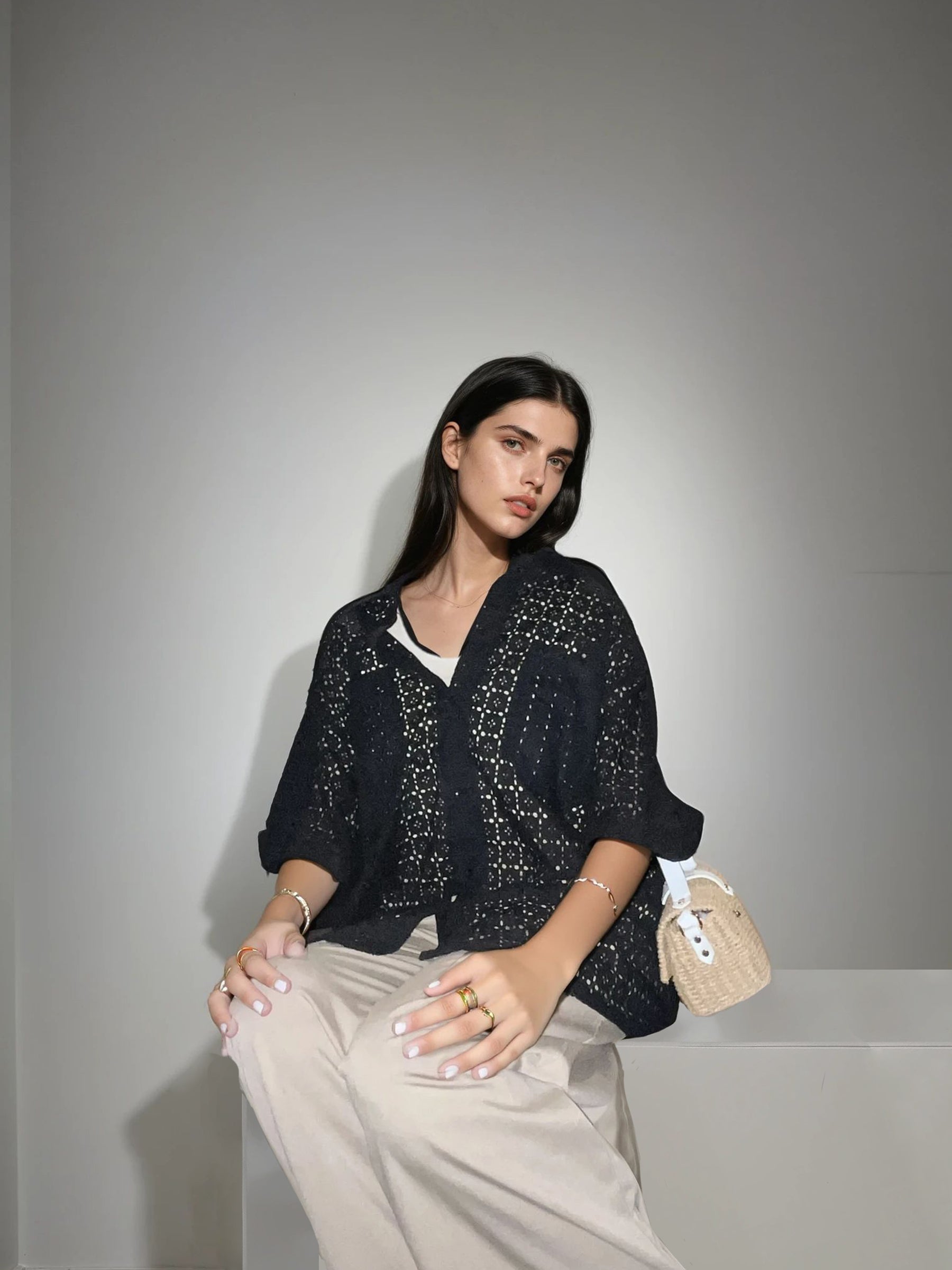 Embroidered Eyelet Boxy Shirt – Black