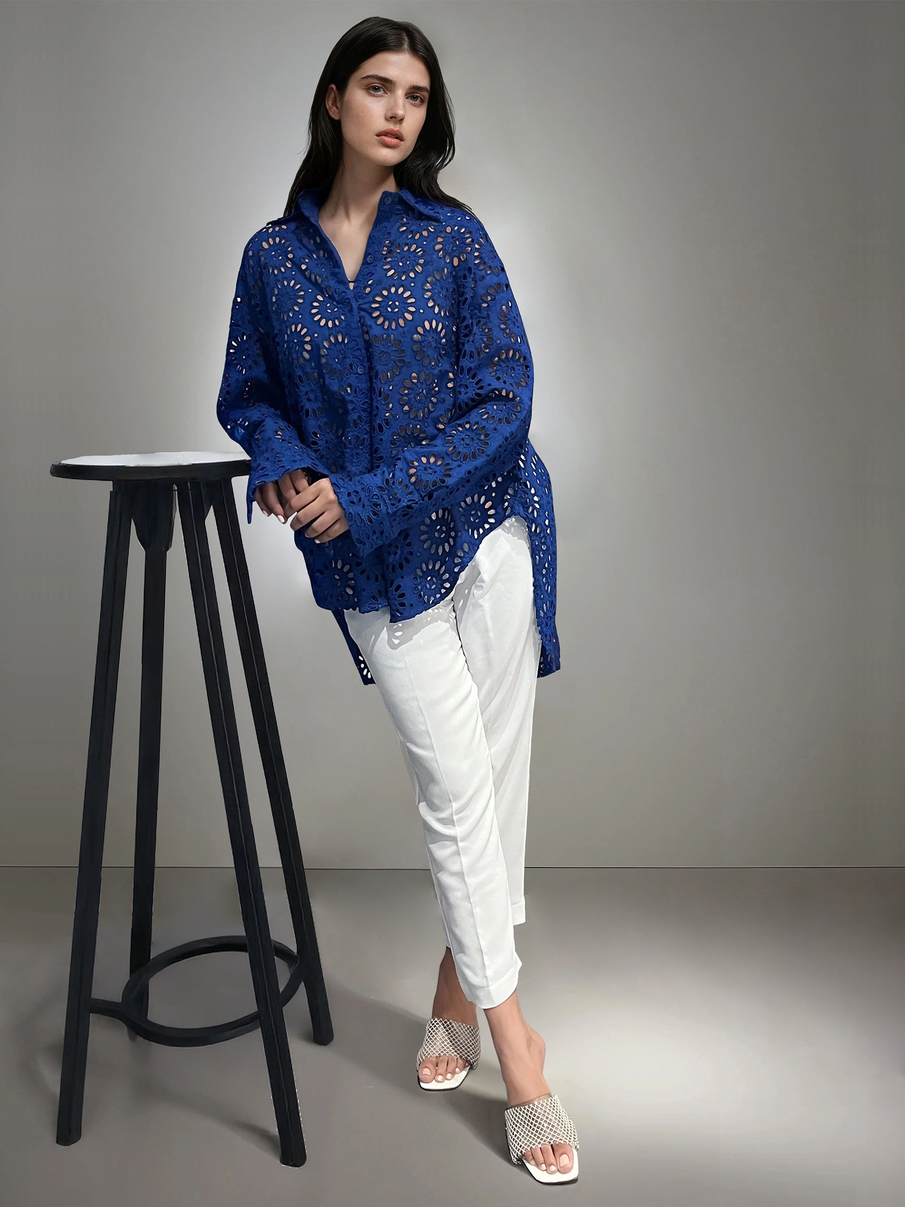 Embroidered Eyelet Oversized Shirt- Blue