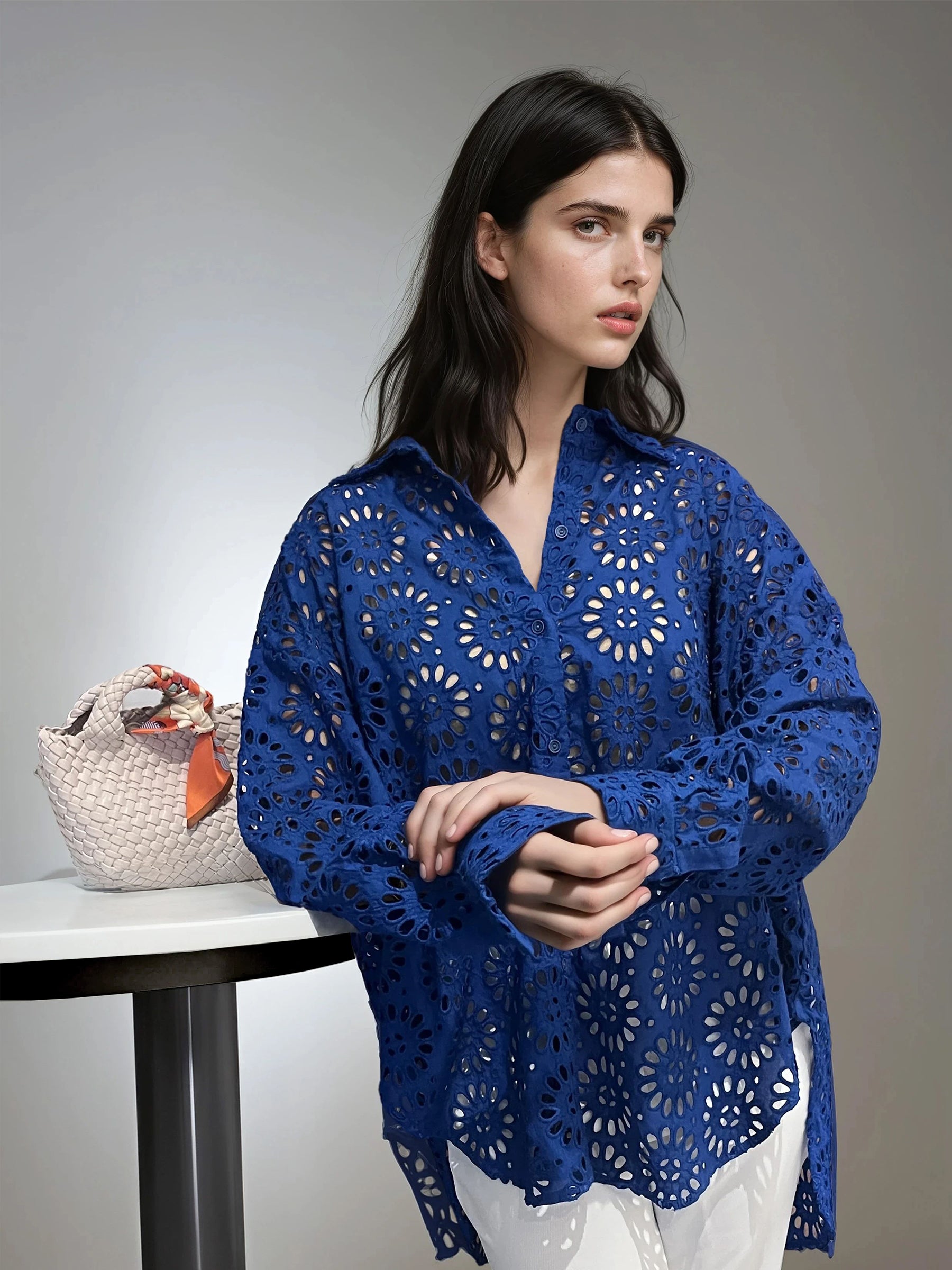 Embroidered Eyelet Oversized Shirt- Blue