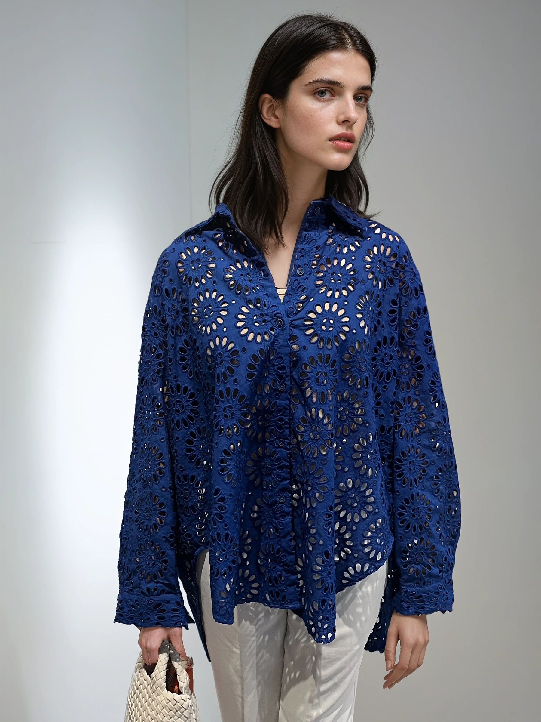 Embroidered Eyelet Oversized Shirt- Blue