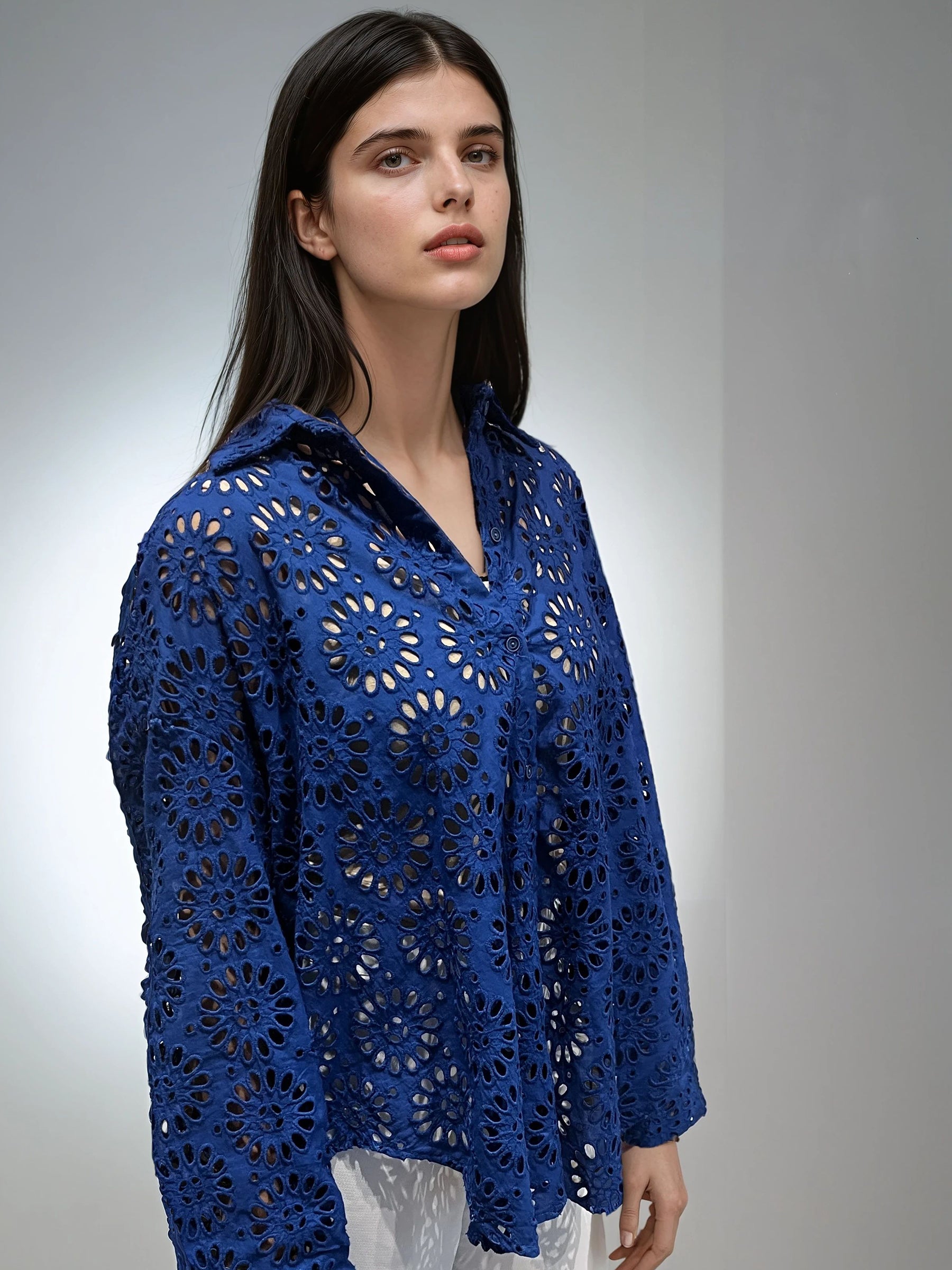 Embroidered Eyelet Oversized Shirt- Blue