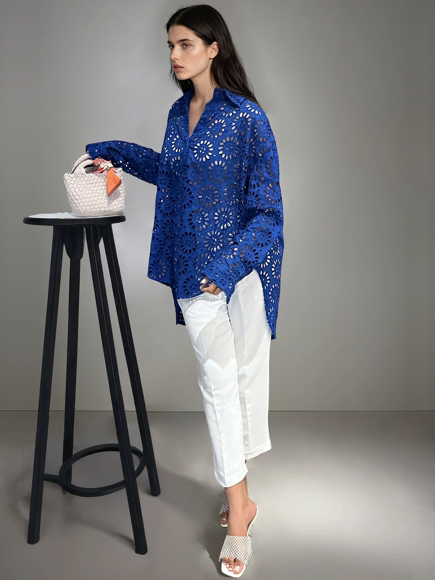Embroidered Eyelet Oversized Shirt- Blue