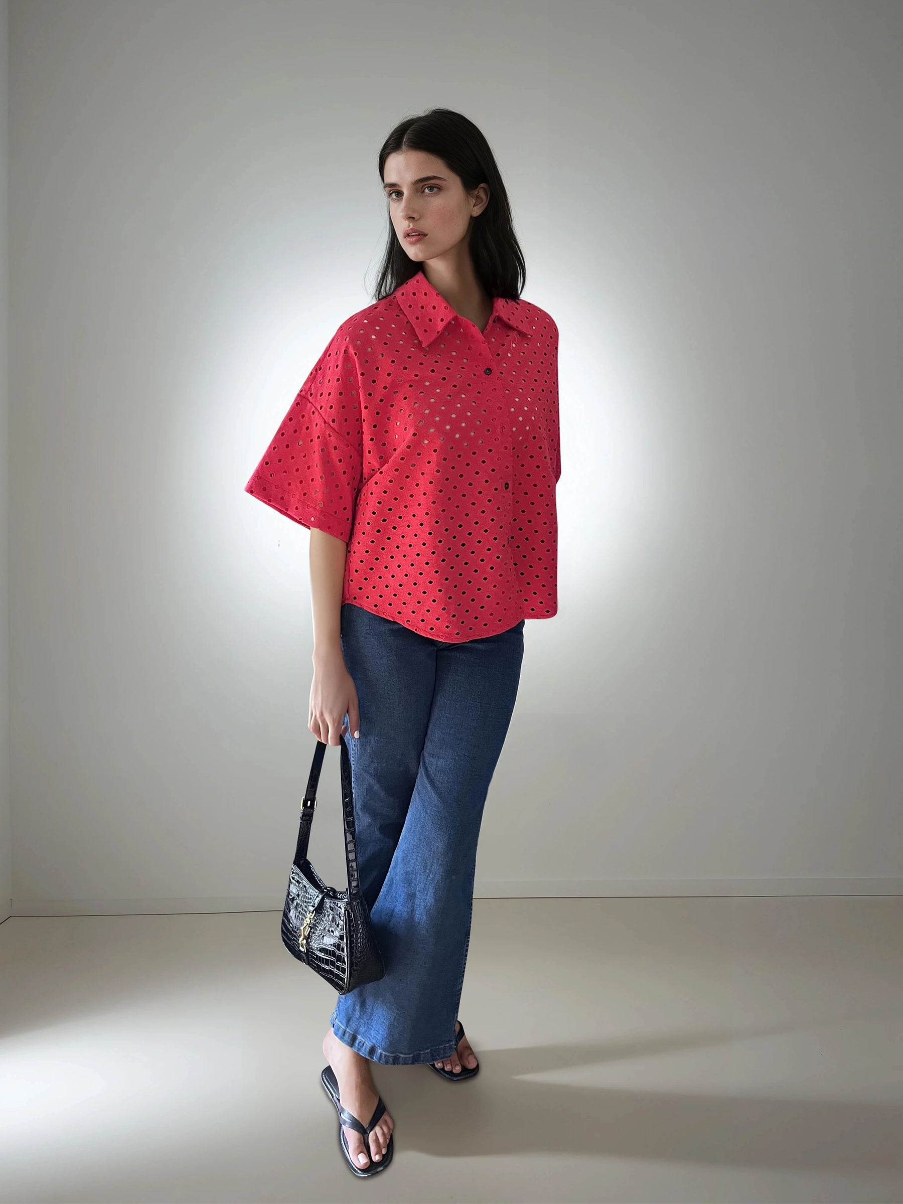 Red Broderie Oversized Shirt