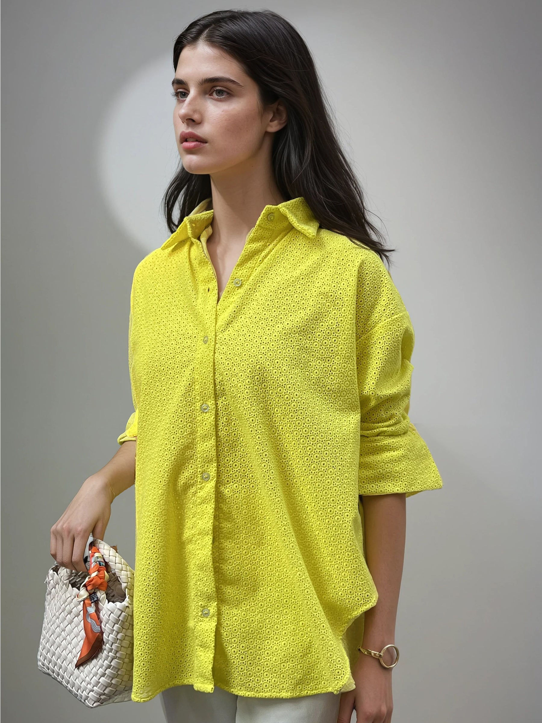 Oversized Broderie Cotton Shirt – Yellow