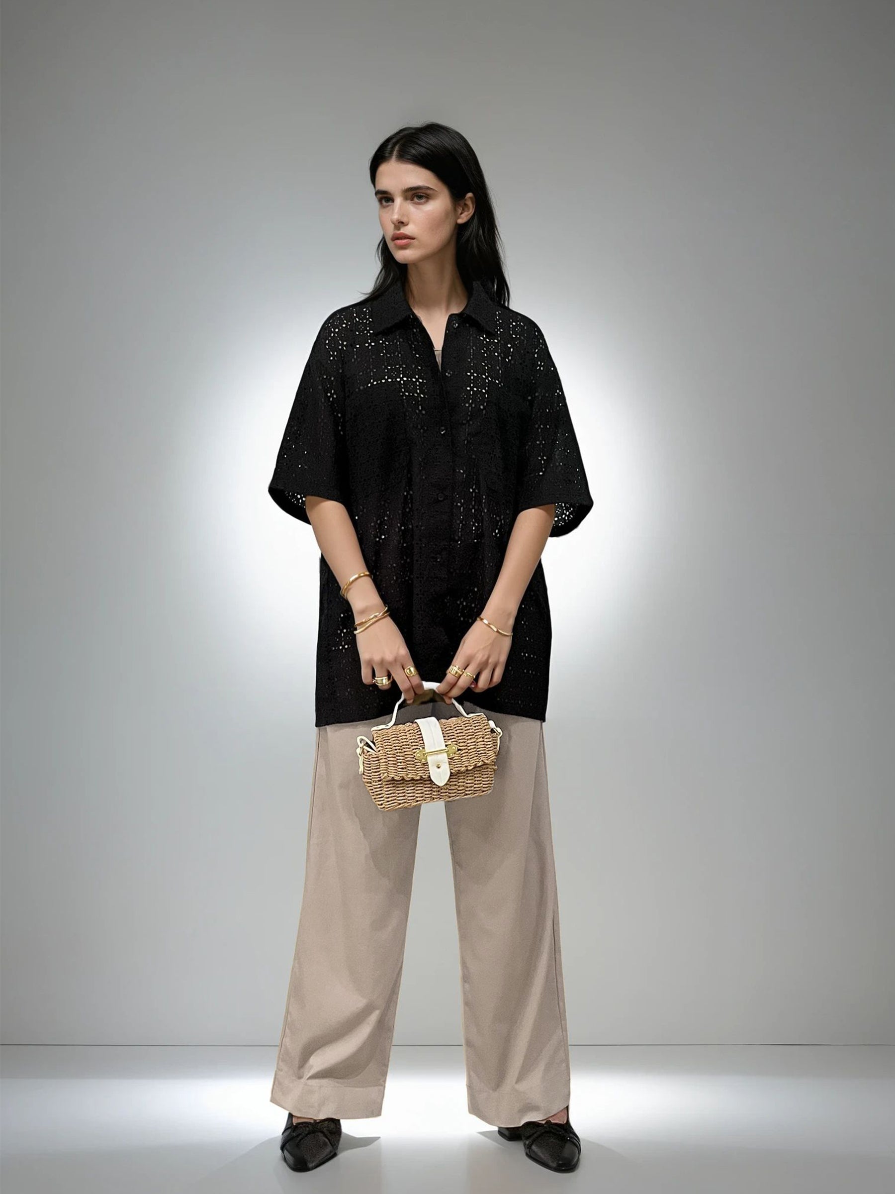 Embroidered Eyelet Boxy Shirt – Black