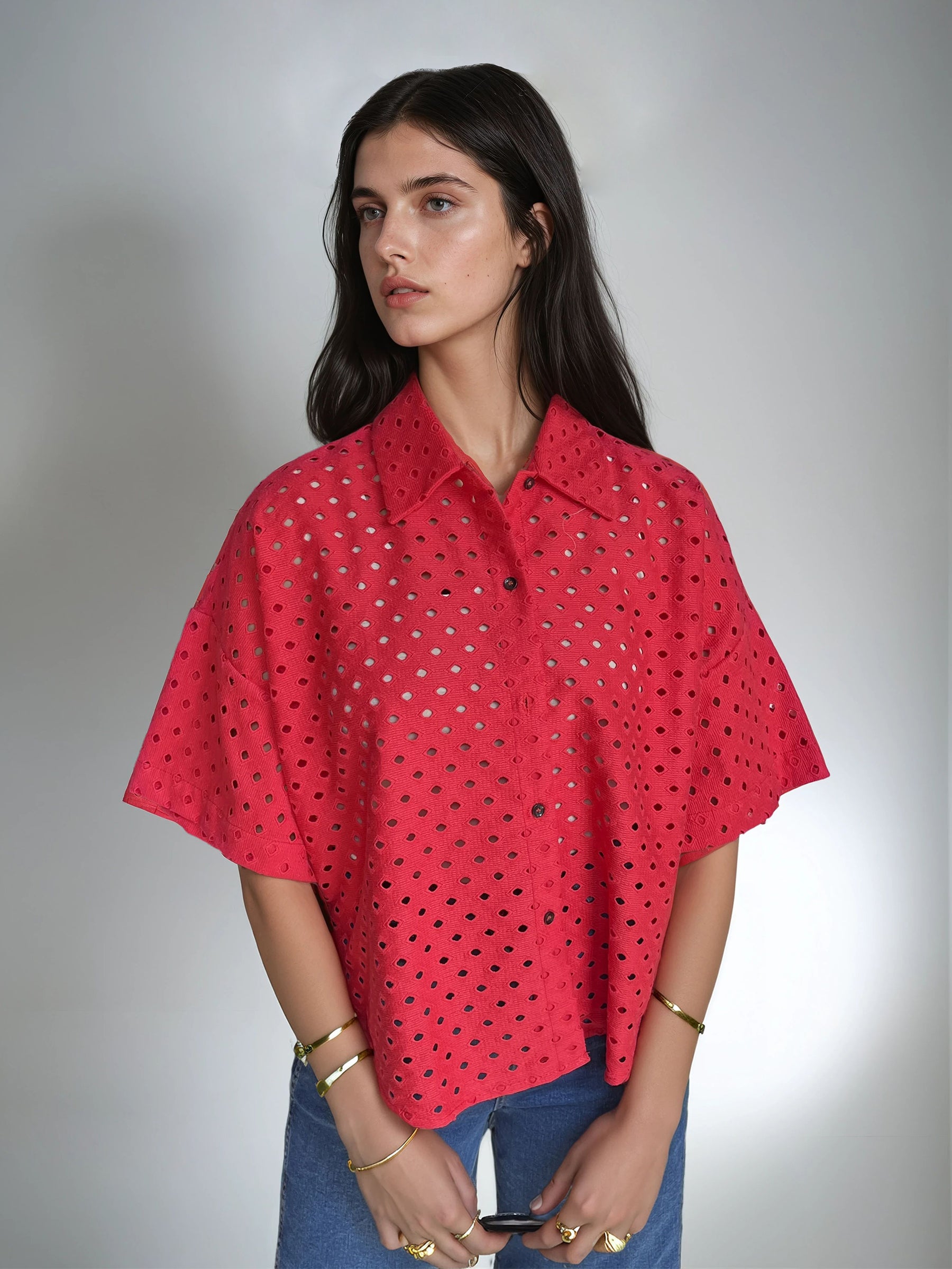 Red Broderie Oversized Shirt