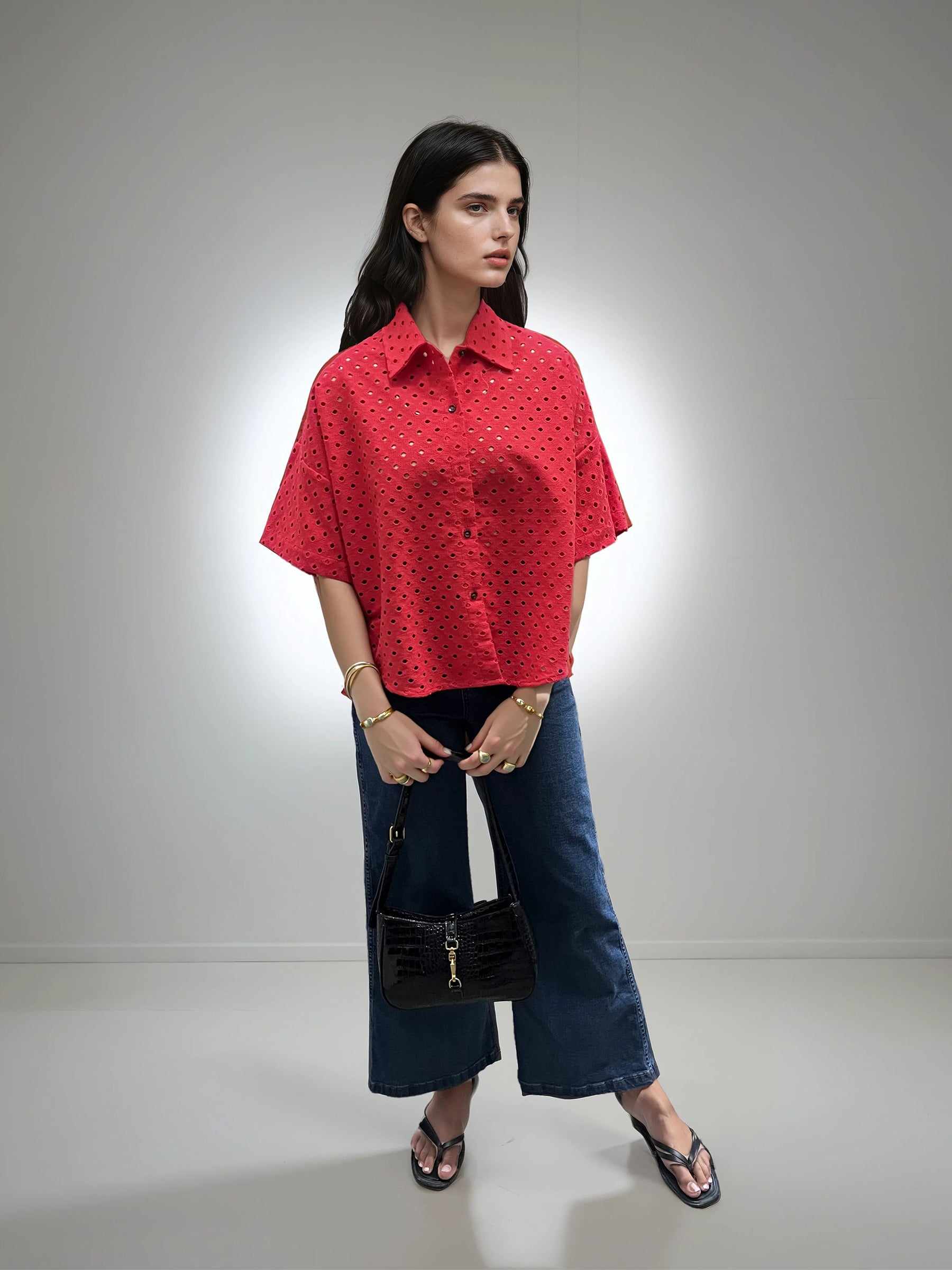 Red Broderie Oversized Shirt