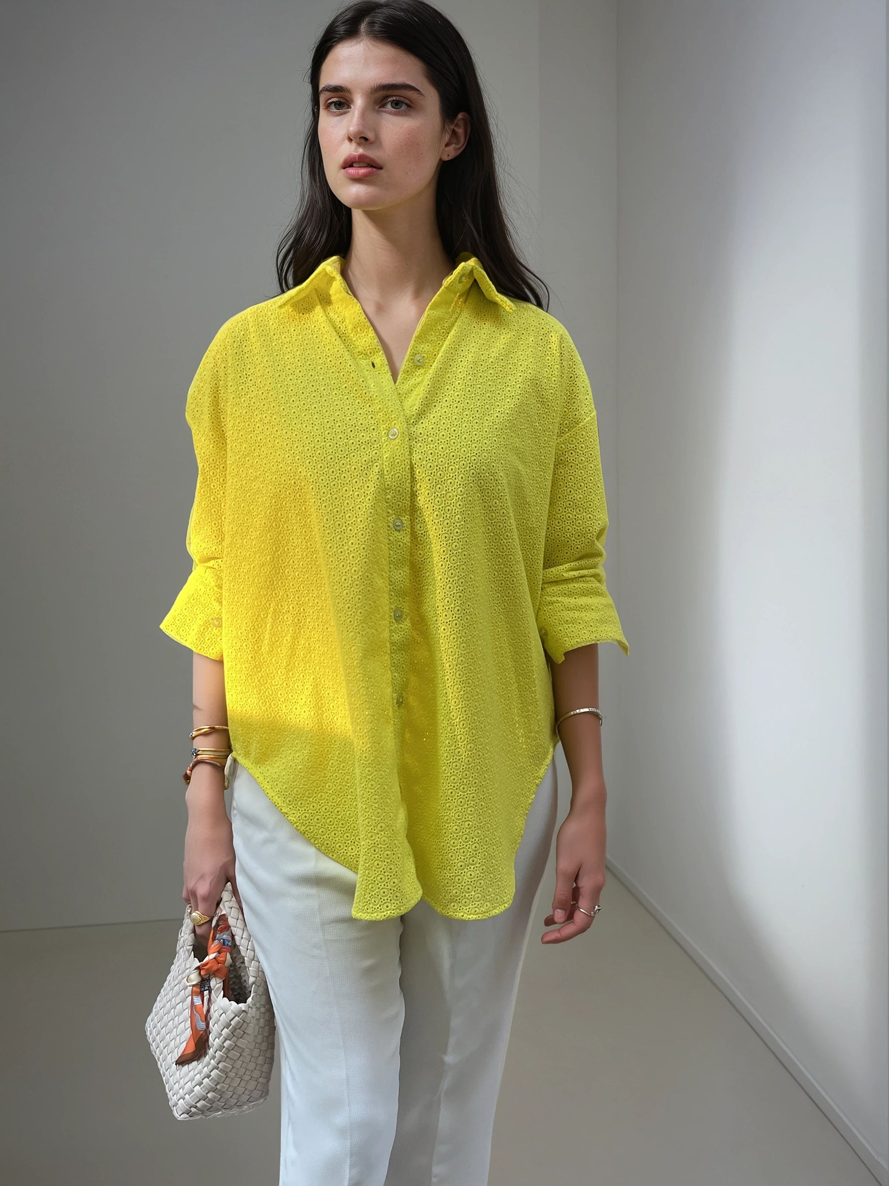 Oversized Broderie Cotton Shirt – Yellow