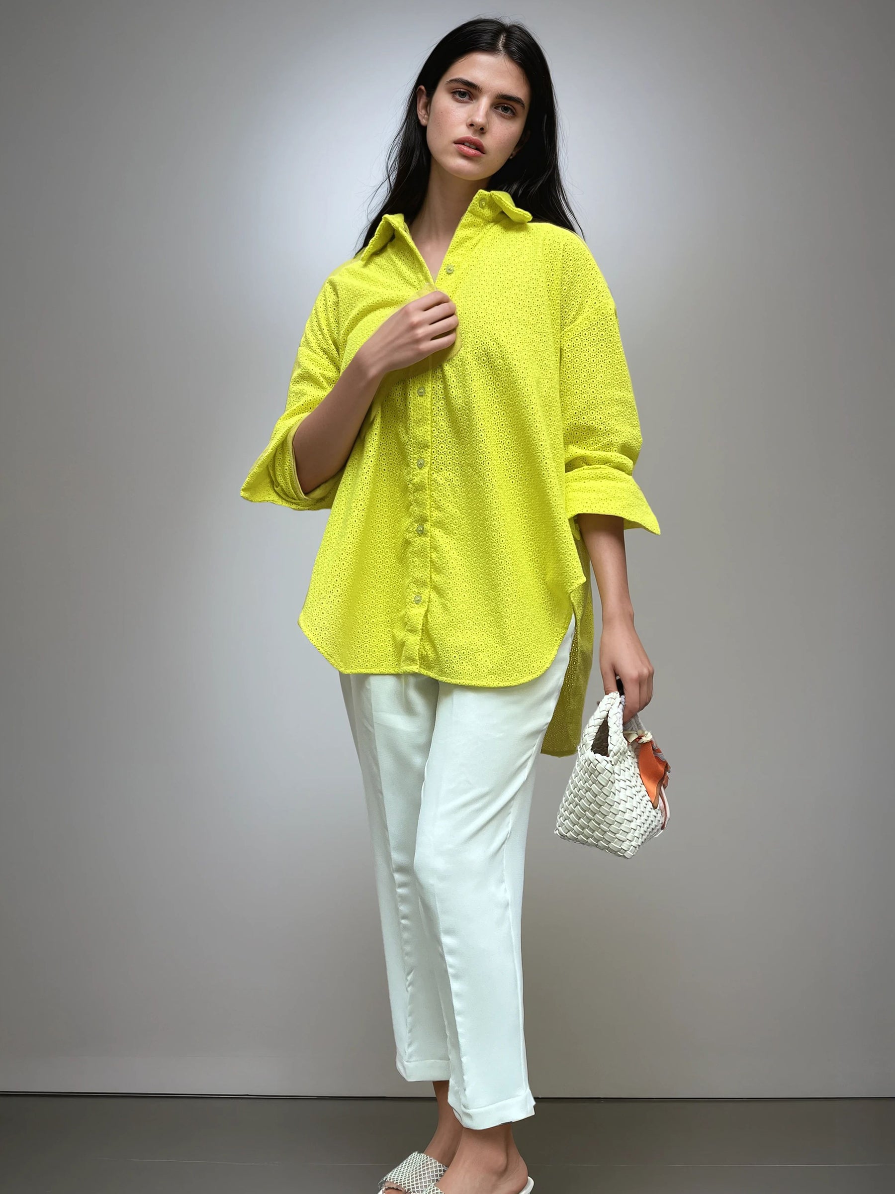 Oversized Broderie Cotton Shirt – Yellow